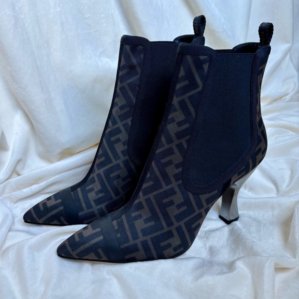 FENDI NEW Black and Brown Patterned Heeled Boots